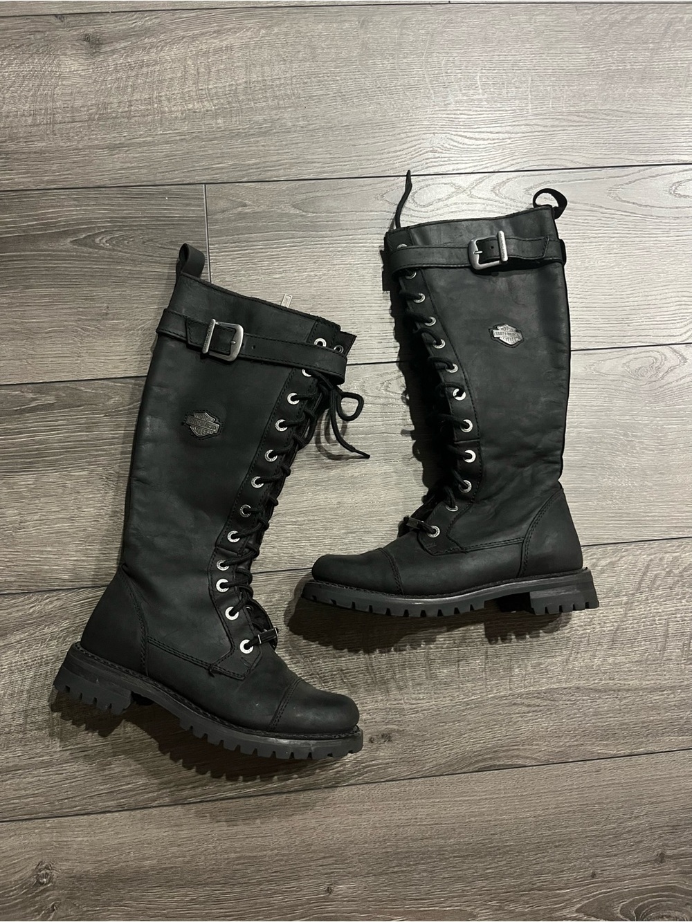 Harley-Davidson Women's Black Lace-Up Knee-High Combat Boots with Buckle